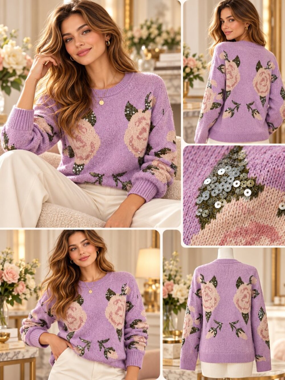 ZESICA Lavender Floral Rose Sequin Crew Neck Sweater Size Small